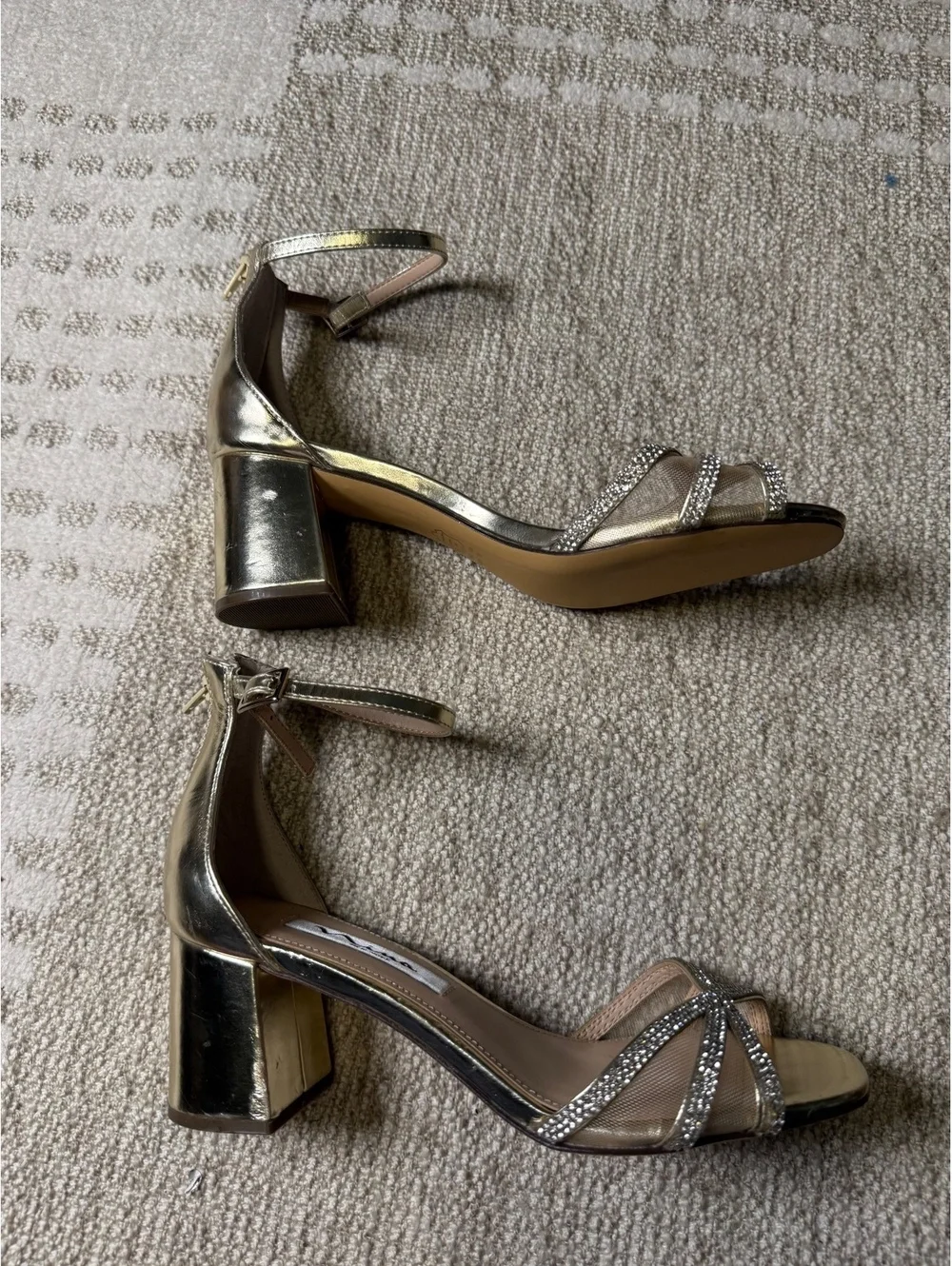 Nina Gold Rhinestone Ankle Strap Block Heel Sandals
